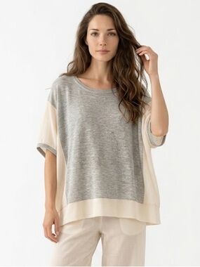 Boxy Knit Top with Sheer Cream Panels - grey gold and Cream